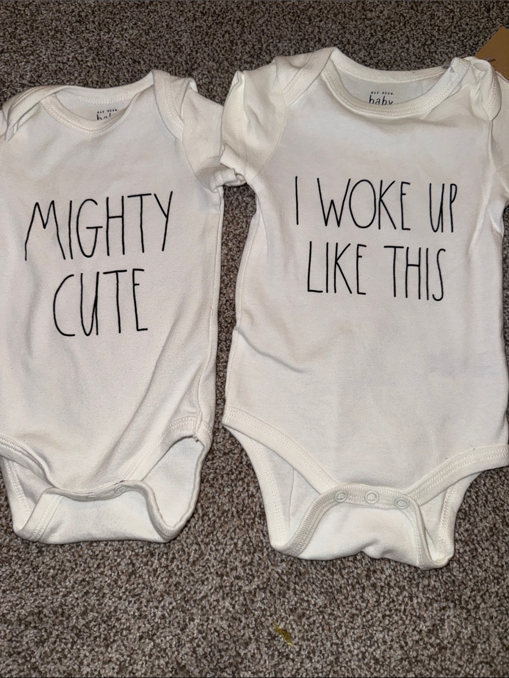 Rae Dunn White Baby One-Piece Bodysuits with Black Text set of 2